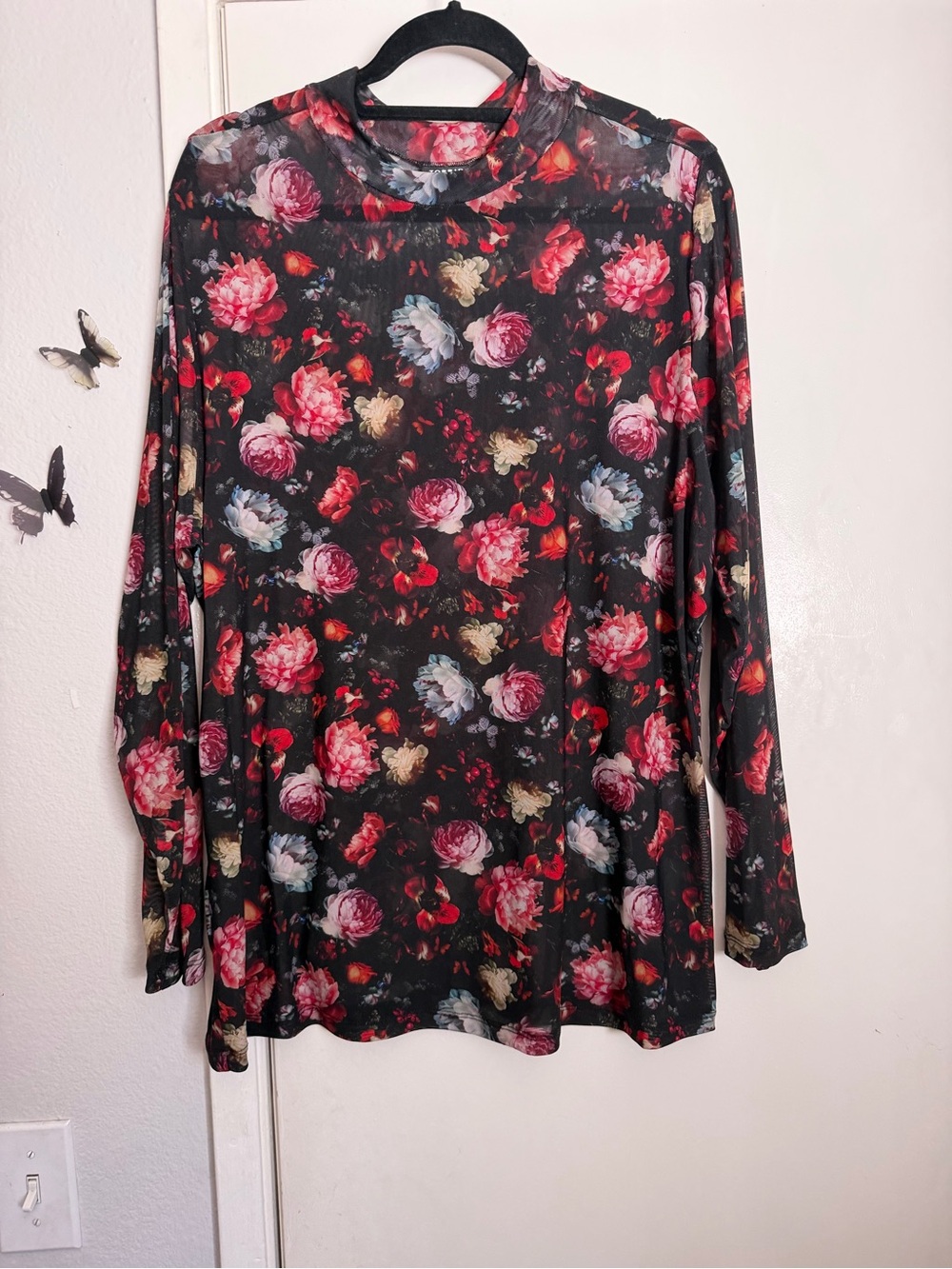 torrid Black Floral Mesh Long-Sleeve Top with Red & Pink Roses